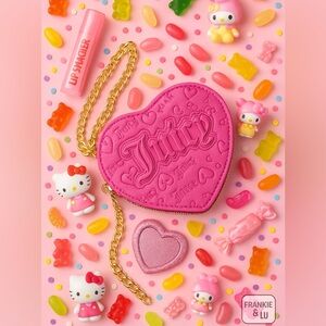 Juicy Couture Pink Embossed Heart Wallet Wristlet Gold Chain Zip Around NWT